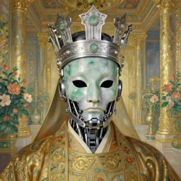 portrait of a emperor, full mask mechanical helmet, he wears a crown of silver and jade, he resides in a glittering palace, flowers, painting by artgerm and by greg rutkowski and mucha