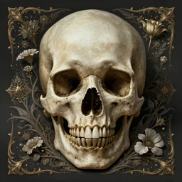 a beautiful detailed front view of a dead rotten skull with ornate growing around, ornamentation, flowers, elegant, beautifully soft lit, by wayne barlowe, peter mohrbacher, kelly mckernan