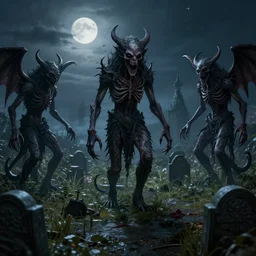 a photograph of demon statues in an overgrown graveyard, scary creatures, cosmic horror, sharp focus, cinematic, high angel distant shot, moonlight, detailed, 4 k, octane render, deviantart,