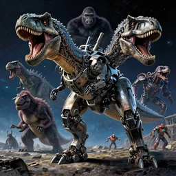 mechabot, raptor, dinosaur, trex, robot, in space, from pacific rim (2013) from King kong (2005), trex from godzilla (2014) from kong skull Island (2017), from jurassic World (2015), from guardians of the galaxy, from transformers, cgsociety, ArtStation, by drew struzan