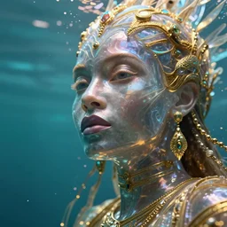 hyperrealistic futurist full body cinematic very expressive! translucent oshun goddess underwater scene, gold jewerly, highly detailed face, digital art masterpiece, smooth eric zener cam de leon, dramatic pearlescent turquoise light on one side, low angle uhd 8 k, shallow depth of field
