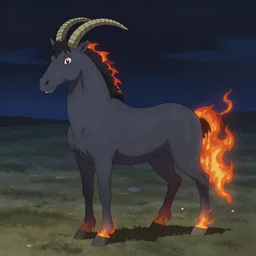 Dark grey ghost horse with goat horns, tail made of fire in an empty field at night in the art style of Ken Sugimori