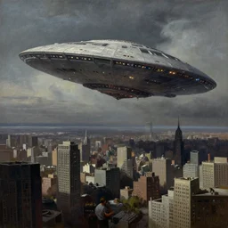 a stunning painting of huge alien spaceship landing in a big city, by thomas kinkade and john aktinson grimshaw, matte painting, moody palette