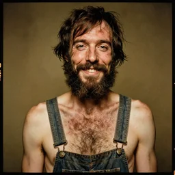 far view, extremely skinny malnourished jimmy fallon with long beard, wearing dirty overalls, dirty greasy face, grin, portrait, close up, kodak gold 2 0 0, 5 0 mm,
