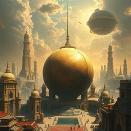 a futuristic solarpunk city with temples with a giant sphere 8 k highly detailed hyperornate high contrast and sharp oil painting by marc simonetti and caspar david friedrich, trending on artstation