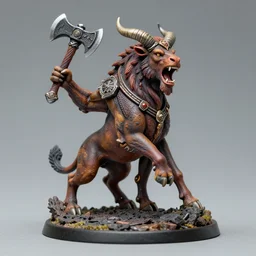 a studio photograph of a painted fantasy miniature of a minotaur roaring with an axe in it's hand