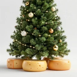 a highly detailed photographic render of a christmas tree, cheese wheels under the tree, octane 3d render, beautifully lit