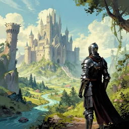 beautiful landscape of fantasy scifi with a knight looking at the castle, surrealism and comic book artstyle by dorian cottereau