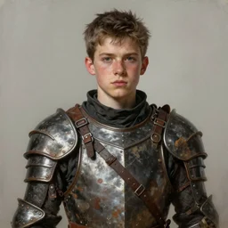 portrait painting of a weathered young male teen wearing worn old cheap leather armor, sharp focus, award - winning, trending on artstation, masterpiece, highly detailed, intricate. art by rebecca guay