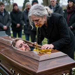 hyper - detailed photo of a grieving widow bent over her husband's coffin with viscous yellow jelly pouring out of her eyes nose and face pooling in the casket and horrifying onlookers in the cemetery