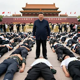 photo of an angry president xi jinping standing in the middle of a mass of young protestors lying flat on the ground, tiananmen square, tangping protest movement. photos in the style of national geographic, hyperreal, documentary style