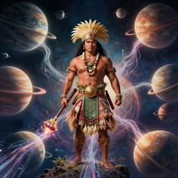 hawaiian warrior surrounded by planets connected by streams of magical flow, visually stunning, luxurious, by james jean, jakub rebelka, tran nguyen, yoann lossel, wadim kashin