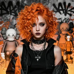 highly detailed portrait of a moody post - cyberpunk punk curly ginger haired young lady, by james gilleard, by joe fenton, by greg rutkowski, by konstantin yuon, by kaws, by kate beaton, 4 k resolution, nier : automata inspired, bravely default inspired, gradient orange, black and white color scheme!!! ( ( graffiti tag wall background ) )