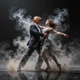 Realistic render of an intricate and detailed Donald Trump dance duet made of smoke by Zdzisław Beksiński, floating in space,dream,reflections, dusty and smokey, 8k, ethereal, hyperrealism
