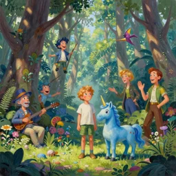 ! dream a mixed media painting of a forest setting with a boy and his pet blue unicorn, by simon stalenhag, frank frazetta, greg rutkowski, beeple, yoko taro, christian macnevin, beeple, wlop and krenz cushart, epic fantasy character art, volumetric outdoor lighting, midday, high fantasy, cgsociety, cheerful colours, full length, exquisite detail, post - processing, masterpiece, cinematic