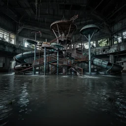 an indoors waterpark. creepy, flooded, empty, dark abandoned.