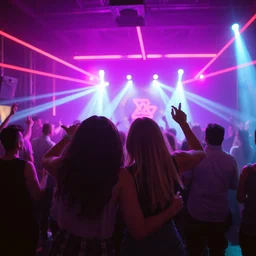 friends dancing at an alternative concert facing the camera, crowd in the back, neon lines, very abstract style