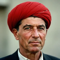 portrait of president ronald reagan as afghan man, green eyes and red turban looking intently, photograph by steve mccurry, award winning photo in the national geographic