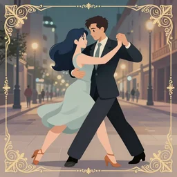 a zombie couple dancing tango in the streets of Buenos aires at night, dark blue long hair, muted colors, matte print, pastel colors, ornate, digital art, cute smile, digital painting, fan art, elegant, pixiv, by Ilya Kuvshinov, by Studio Ghibli