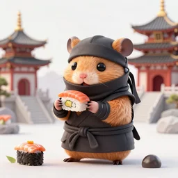 anthropomorphic hamster ninja eating sushi, ninja outfit, standing in a buddhist temple, cute and adorable, dnd character art portrait, well rendered matte fantasy painting, deviantart artstation, by jason felix by steve argyle by tyler jacobson by peter mohrbacher, cinematic lighting