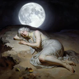 sleep of wise old beautiful woman Desert Deity under unresolved evil moon illusion, in the style of Frank Frazetta, Jeff Easley, Caravaggio, extremely clear and coherent, clear lines, 8K revolution