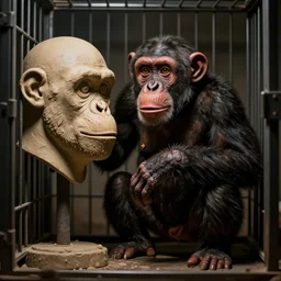 a chimpanzee in a cage being terrified by a plaster cast of a chimp's head