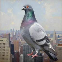 a massive pigeon taller than a skyscraper standing in the middle of the city of New York, oil painting by jan matejko