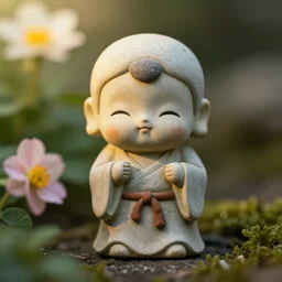 photo of small jizo statue in a garden, high detail, cinematic, cute, beautiful lighting, 1 flower,