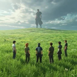 A endless beuatiful meadow with I giant in the distance by Greg Rutkowski, Sung Choi, Mitchell Mohrhauser, Maciej Kuciara, Johnson Ting, Maxim Verehin, Peter Konig, final fantasy , 8k photorealistic, cinematic lighting, HD, high details, atmospheric,