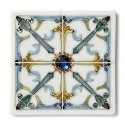 white border. square tiles with inlaid gems and flowers in resin, fancy ceramic bathroom tile.