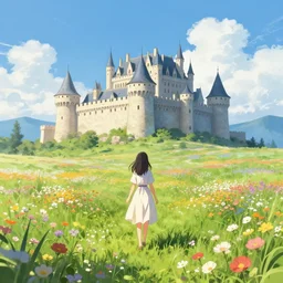 anime girl, scenic, landscape, castle, large field of flowers, digital art