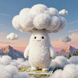 A Mumintroll character in shape of wool felting amazing clouds, illustration by Beeple, book cover, colorful background with mountains, 8k resolution, ultra detailed, matte painting, tarot card style, character design, watercolor detailed art