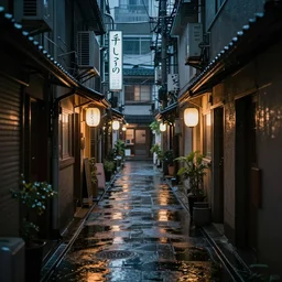 quiet tokyo alley at night, raining, dim volumetric lighting, 8 k octane render, hdr, postprocessing, hyperdetailed, intricate, epic composition, cinematic lighting, masterpiece, street photography