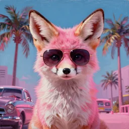 fennec fox, pink, palm trees, furry, aviator sunglasses, synthwave style, artstation, detailed, award winning, dramatic lighting, miami vice, oil on canvas, 4k