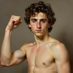 timothee chalamet, hyperrealistic painted portrait of rugged young teen twink zeus greek god showing biceps, handsome handsome detailed digital painting trending artstation concept art sharp focus illustration art by alphonse mucha greg rutkowski