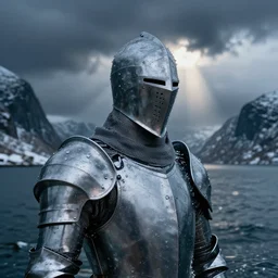 knight made of water, norway fjord, extreme close up portrait, hudson river school, max rive, water armor, studio lighting, stormy seas, beautiful, bokeh, snowy, storm clouds, god rays, extreme close up portrait, d & d, fantasy, elegant, low key color palette, concept art, roger deakins and greg rutkowski and alphonse mucha