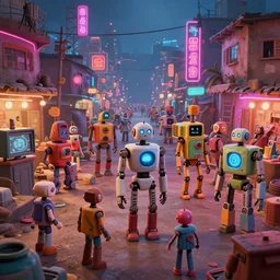 photo of robots in a bustling neon lit ajegunle slum in nigeria, unreal engine 3 d vfx render, photo by vivian maier, illustration style by mike winkelmann, digital illustration, sharp, intricate detail, volumetric light, ray tracing, soft light, colourful, claymation, wide angle, acrylic, cinestill 8 0 0 t,