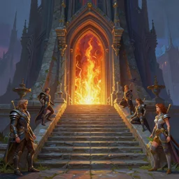 matte glossy illustration painting of stone steps fantasy leading do a gothic doorway burning portal, artstation by emilia dziubak, will terry, greg olsen, chris mars, ann long, and mark brooks, gret ritkowski dramatic, architecture, colorful warcraft architecture