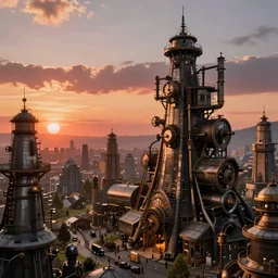 landscape of a steampunk city, sunset, ultra high detail ,fantasy art, trending on artstation