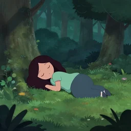 a girl sleeping in a forest, she is laying down. in the style of over the garden wall, gravity falls