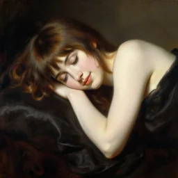 a high fashion studio portrait of a sleeping anime girl, coy, smile, furtive, painting by gaston bussiere, craig mullins, j. c. leyendecker