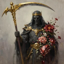 breathtaking detailed soft painting of a grim reaper king with golden scythe, flowers intricated in bleeding meat, volumetric lighting, concept art, matte, sharp focus, art by celestialfang, matchach, juanmao, trending on artstation