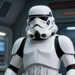 closeup of stormtrooper in an engine room on a spaceship action pose, interior design. ralph mcquarrie scene. clear photo by keith parkinson, walter simonson, syd mead, frank miller, b & w ultra detailed digital art