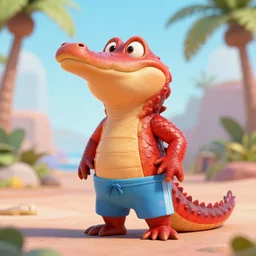 3 d render, anthropomorphic alligator, red scales on his back, male, waring swim shorts, in the style of zootopia, hd, 4 k, high definition background