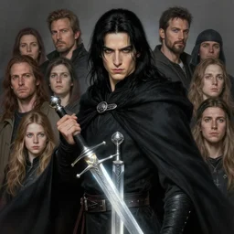 a young warrior with long raven black hair, with glowing sword, in black cloak | | realistic shaded, fine details, realistic shaded lighting painting by greg rutkowski, diego gisbert llorens, magali villeneuve, artgerm, jeremy lipkin, michael garmash, rob rey