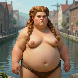 a chubby dwarven woman by a canal the middle of the city, by johan grenier, fantasy artwork, secret of mana, intricate braided hair, short plump figure, smooth, centered, ultradetailed, 8 k, hd