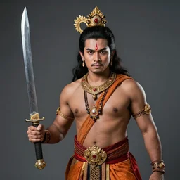 a medium shot, studio photographic portrait of Ghatotkacha son of Pandava Bhima by David Silis, wielding a keris sword,javanese mythology,concept art,realistic,photorealistic,8k