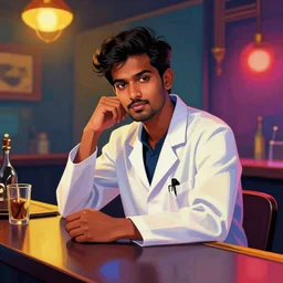 portrait lonely handsome young indian psychiatrist at a bar, epic scene, by victo ngai, kilian eng vibrant colours, dynamic lighting, digital art, winning award masterpiece, fantastically beautiful, illustration, aesthetically inspired by beksinski and dan mumford, trending on artstation, art by greg rutkowski, 8 k