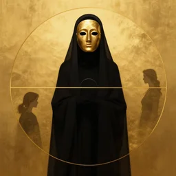 a silhouette dressed with a shroud wears a human golden mask, by jean delville and sophie anderson and mandy jurgens, golden ratio, perfect composition, elegant, no crop, extremely detailed, hd, masterpiece, artstation