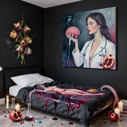 bedroom with black walls and a futon, berry juice dripping, a sensual portrait of a female pathologist holding a brain, intravenous drip, wilted flowers, pomegranate, candles, octopus, sensual, pancakes, berries, surgical supplies, scientific glassware, candles, neo - expressionism, surrealism, acrylic and spray paint and oilstick on canvas